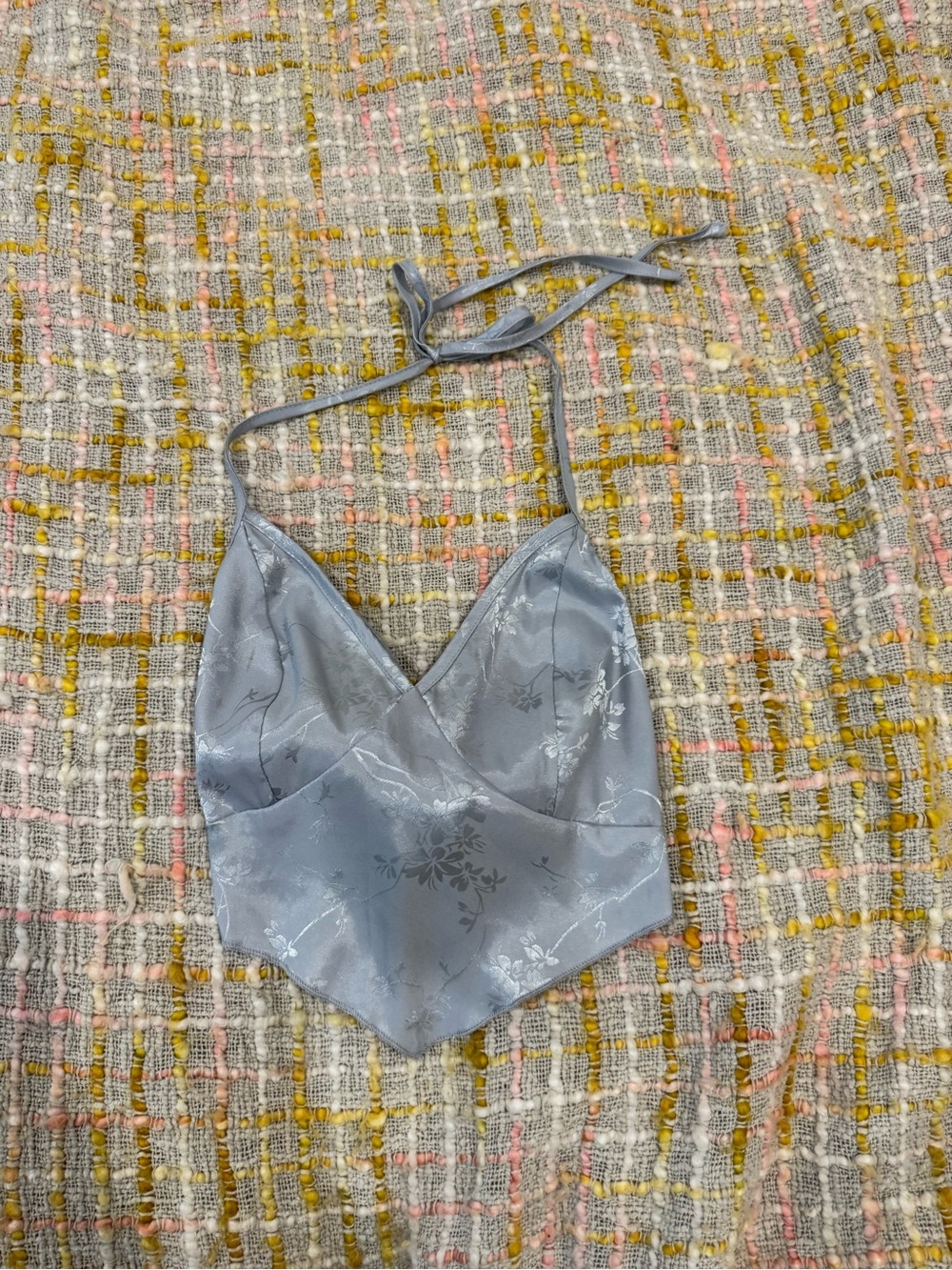 SHEIN Silver Blue Floral Satin Halter Crop Top